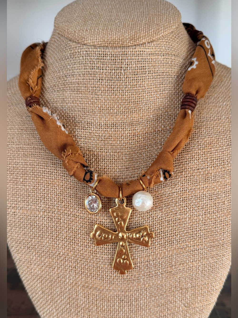 Handmade Western Bandana Necklace Gold Cross Pearl Crystal Charm Boho